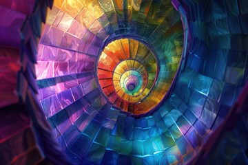 Fototapeta premium A 3D holographic spiral staircase, twisting upwards with each step changing colors.
