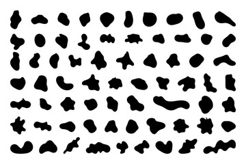 Random shapes. Organic black blobs of irregular shape. Abstract blotch, inkblot and pebble silhouettes, simple liquid amorphous splodge elements water forms creative minimal bubble stone vector set