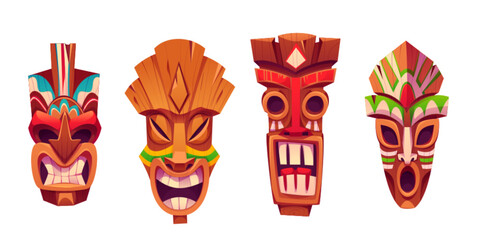 Traditional Hawaiian totem tiki mask collection. Cartoon vector illustration set of wooden tribal culture statue head with tropical leaves decorations. Face emotions with eyes, teeth and tongue.