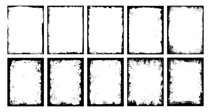 Set of distressed overlay grunge frame silhouette or background with black texture and paint brush stroke for social media banner, poster, flyer or invitation card. Vintage torn paper frame pattern.