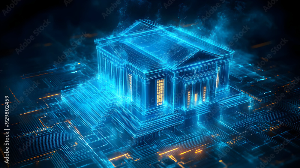 Poster a futuristic digital representation of a building with glowing effects.