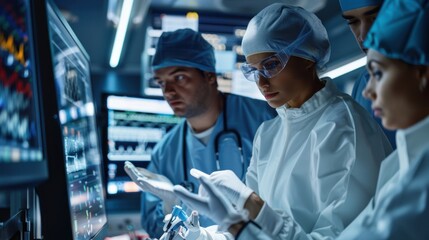 A hospital engineering team collaborating on the development of a robotic surgical assistant.