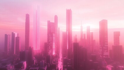 Fototapeta premium Futuristic Rose-Tinted Metropolis: Skyline Bathed in Pink Hues Showcases Architectural Marvels and Technological Advancements. Visionary Urban Landscape Blends Innovation and Aesthetics. Perfect for S