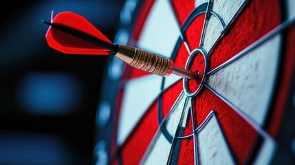 Close-up of a dart hitting the bullseye of a red and white target, leaving ample copy space for text