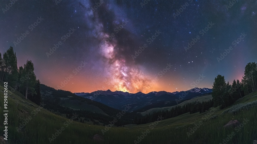 Canvas Prints Milky Way Galaxy Over Mountain Range and Meadow