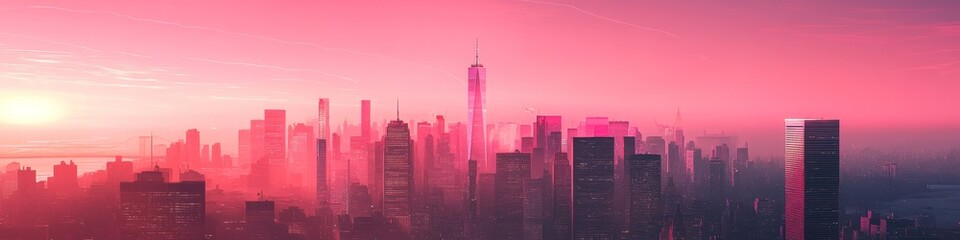 Fototapeta premium Futuristic Rose-Tinted Metropolis: Skyline Bathed in Pink Hues Showcases Architectural Marvels and Technological Advancements. Visionary Urban Landscape Blends Innovation and Aesthetics. Perfect for S