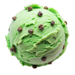 Obraz premium Green ice cream with chocolate chips top view isolated on transparent background