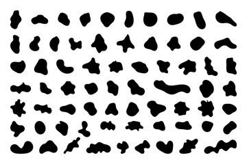 Random shapes. Organic black blobs of irregular shape. Abstract blotch, inkblot and pebble silhouettes, simple liquid amorphous splodge elements water forms creative minimal bubble stone vector set