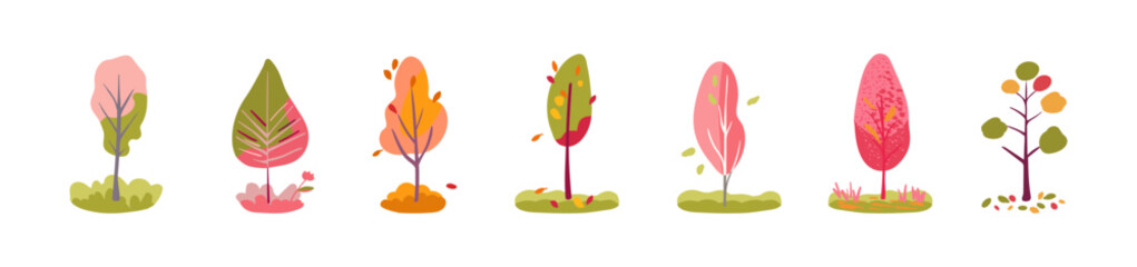 Set of decorative pink, yellow, green and pink trees. Autumn leaf fall folk. Isolated vector white background
