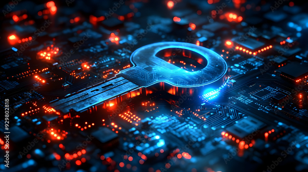 Poster a futuristic key on a circuit board background representing security.