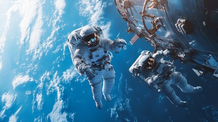two astronauts floating near the international space station in a photorealistic image with earth visible below and one astronaut reaching out towards the other against a backdrop