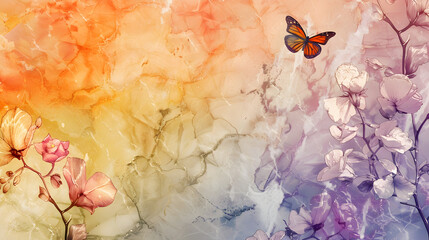 marble background with flower designs and butterfly silhouette, wall decoration in Rainbow tones