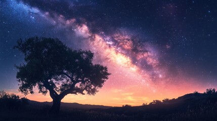 Fototapeta premium Milky Way Galaxy Over a Silhouetted Tree and Hills