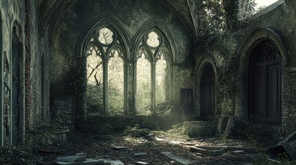 Fototapeta premium Overgrown Interior of a Stone Church