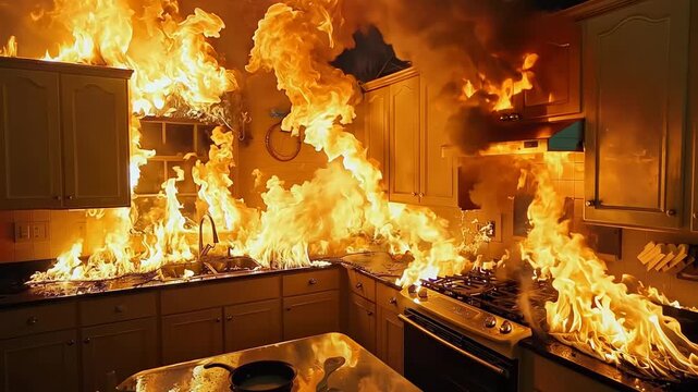 Kitchen fire with flames spreading through the room