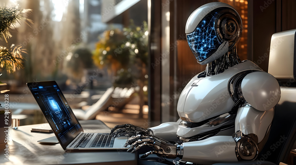 Poster a futuristic robot working on a laptop in a modern setting.