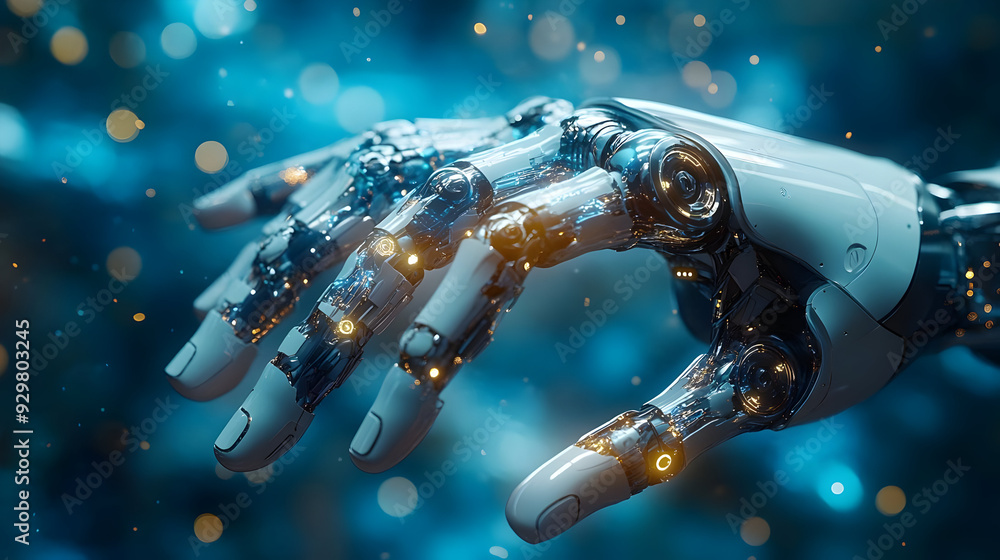 Poster a futuristic robotic hand with intricate circuitry and glowing elements.