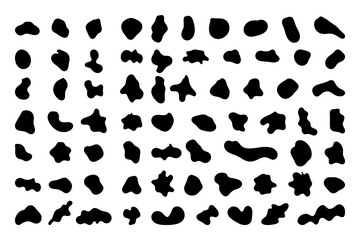 Random shapes. Organic black blobs of irregular shape. Abstract blotch, inkblot and pebble silhouettes, simple liquid amorphous splodge elements water forms creative minimal bubble stone vector set