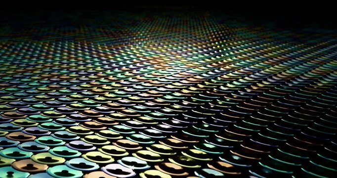 Colorful sequins turn up in a wave pattern. Gorgeous background images. Macro view. 3D rendering 4K loop animation.