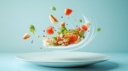 Salad ingredients falling onto a plate, with a twist of motion.