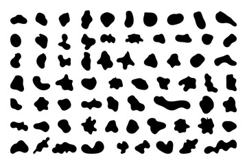Random shapes. Organic black blobs of irregular shape. Abstract blotch, inkblot and pebble silhouettes, simple liquid amorphous splodge elements water forms creative minimal bubble stone vector set