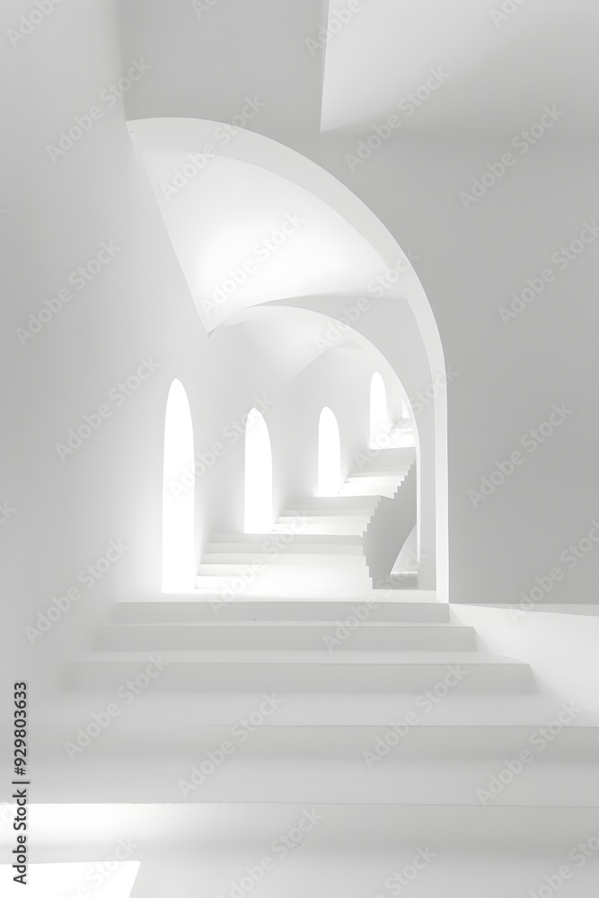 Poster ethereal white arched doorway with cascading steps, bathed in soft light creating a serene and minim