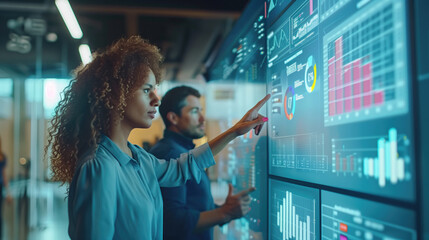 Woman and man interacting with large data visualization screens in a modern office setting. Concepts of data analysis, teamwork, and innovative technology.
