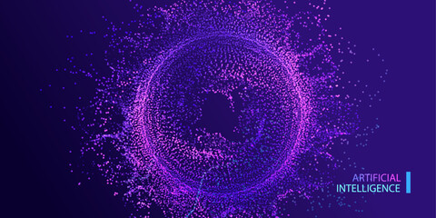 Big data neon background. Technology ai round particles dots banner. Artificial Intelligence futuristic circle connect innovation design.