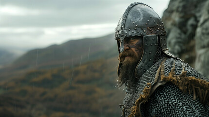 Armored Viking warrior with a fierce expression standing in a mountainous landscape with a cloudy sky. Concepts of history, warriors, medieval times, and bravery.