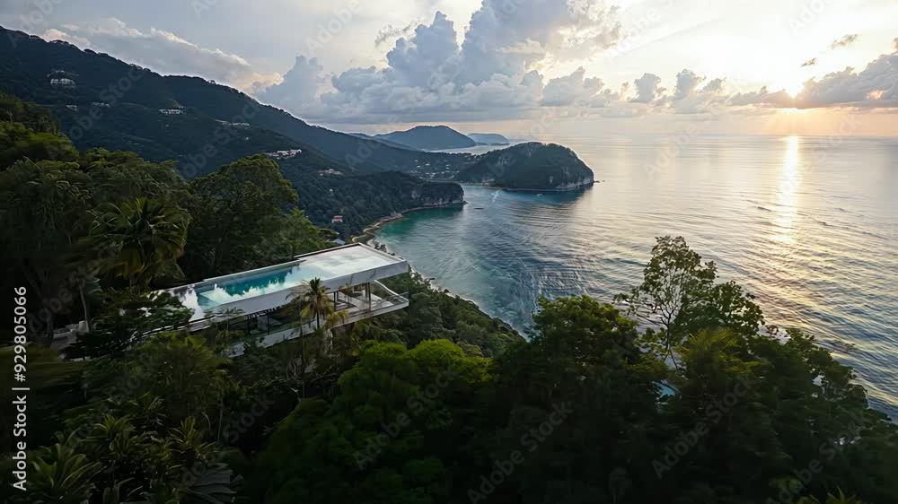 Poster Luxury contemporary architecture house with pool at the top of a cliff with view to the ocean