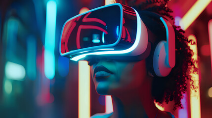 Person with VR goggles exploring a detailed virtual world, deeply immersed in the interactive and immersive virtual experience.