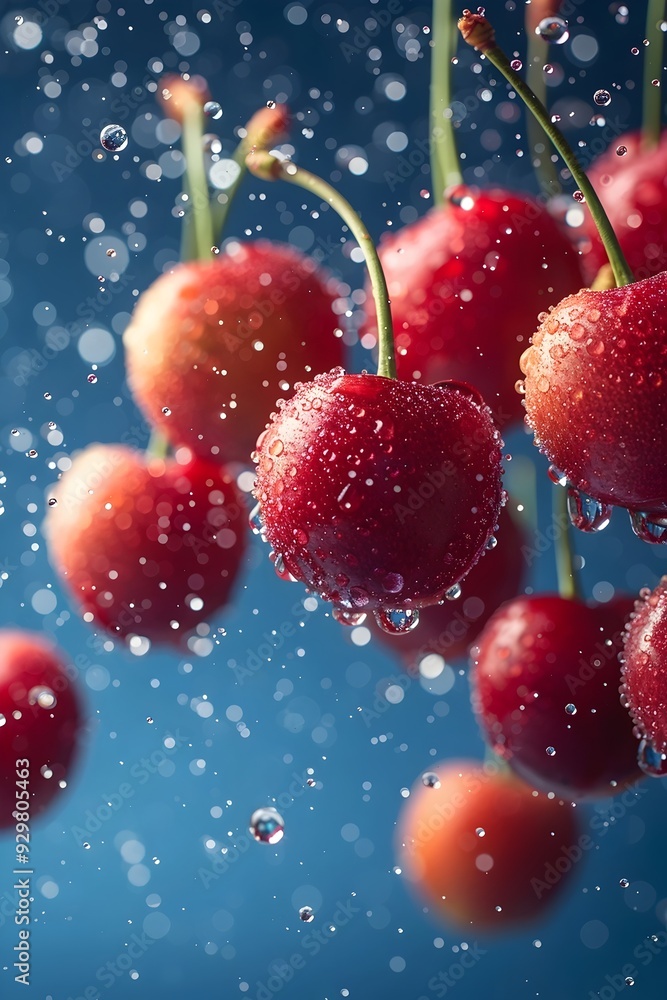 Aufkleber juicy red cherries with water droplets against a blue background, creating a refreshing and appetizi