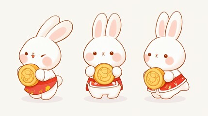 Fototapeta premium Three cute rabbits holding golden coins, dressed in traditional attire, celebrating prosperity.