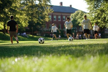 A group of students playing a casual game of soccer on the campus lawn, enjoying free time.