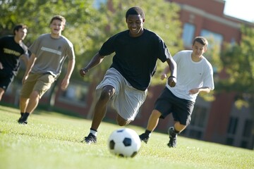 Obraz premium A group of students playing a casual game of soccer on the campus lawn, enjoying free time.