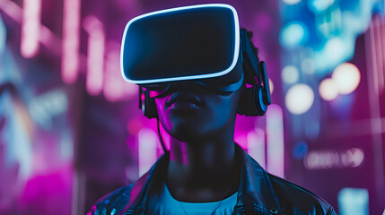 A person wearing a VR headset, navigating through an immersive virtual reality setting, experiencing the depth and excitement of the virtual world.