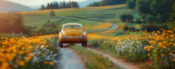 A vintage yellow car driving through a scenic field of vibrant flowers, surrounded by rolling hills and a picturesque landscape.