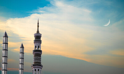 Obraz premium Masjid dome islam moon star night isra miraj namaz sunset background mubaruk greeting islam ramadan element masjid aqsa hajj kaaba umrah eid arabian religion islamic arab muslim greeting miraj kaaba.