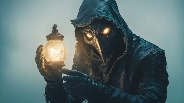 Enigmatic scholar in a plague doctor Halloween mask, holding a glowing cursed artifact, dark fantasy style, isolated on white background