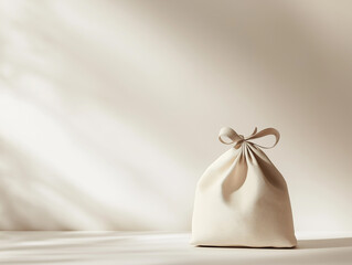Minimalist fabric pouch tied with a bow, set against a neutral background. The simple, elegant presentation makes it ideal for product mockups with ample copy space.