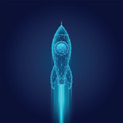Rocket launch. Business startup concept form lines, triangles and particle style design. Startup big idea creative launching product. Digital spaceship rocket flies. Illustration vector.