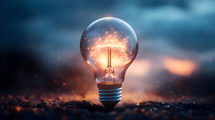 A glowing light bulb radiating sparks in a dark environment.