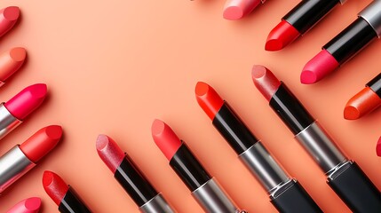 Assortment of colored lipsticks in the colors pink red and orange an isolated red lipstick put on a peach background