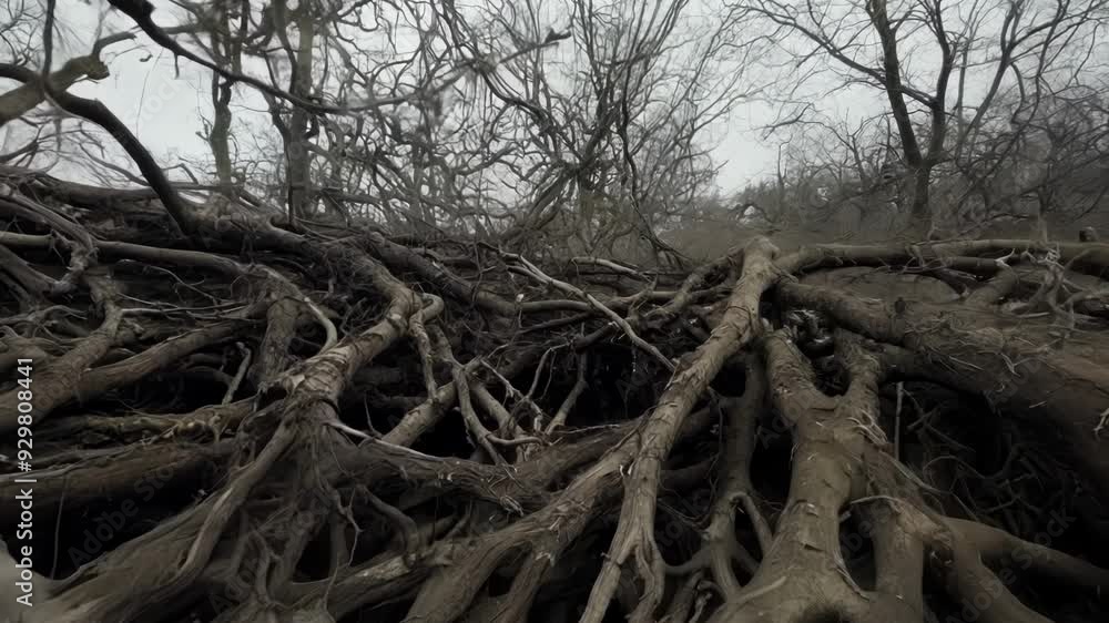 Poster low angle view of tangled roots and branches creating a spooky scene in a bare forest. the image evo
