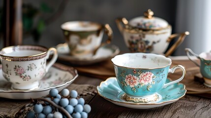 Vintage teacups and saucers with intricate floral patterns and gold accents. The cups are displayed on a wooden table, creating a beautiful and elegant setting.