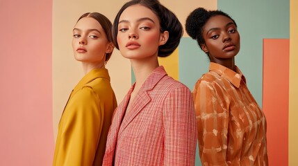 Obraz premium Three models pose in stylish outfits against a colorful backdrop.