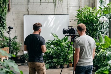 A team setting up a photo shoot location with props and backdrops, ensuring everything is in place for the shoot