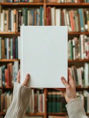 Person in cozy sweater holding a blank white book mock-up against a background of shelves filled with books. Concepts of reading, education, and library environments.