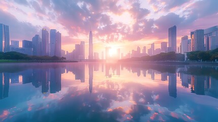 Fototapeta premium A serene cityscape at sunrise, with skyscrapers reflected in a calm lake. The sky is a beautiful gradient of pink and orange.
