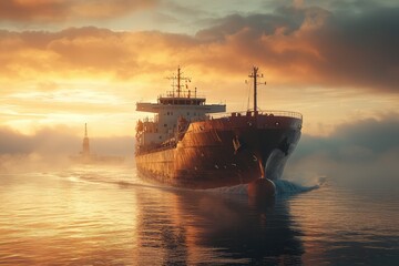 Cargo ship sailing at sunset on a calm sea
